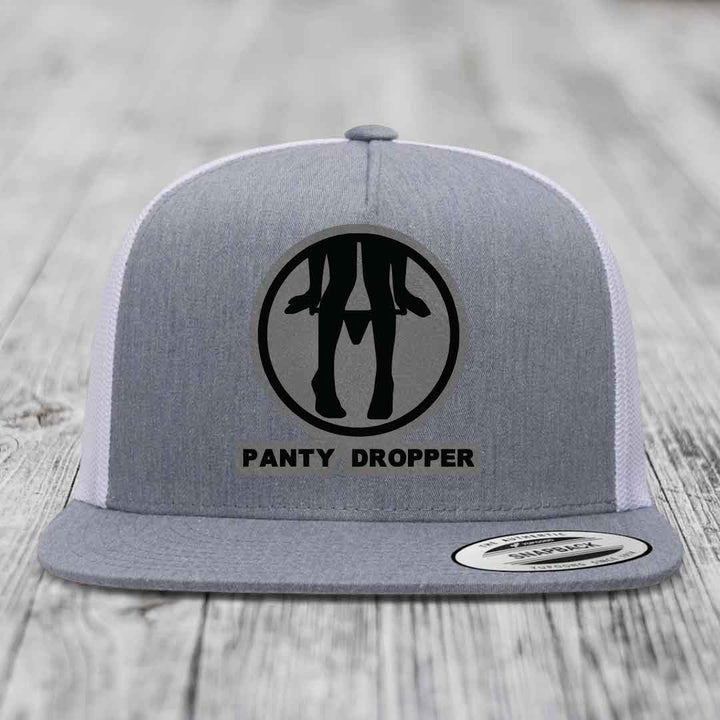 Panty Dropper - Leather Patch Hat - Grey to Black Patch - Yupoong 6006 Snapback Flatbill Hat