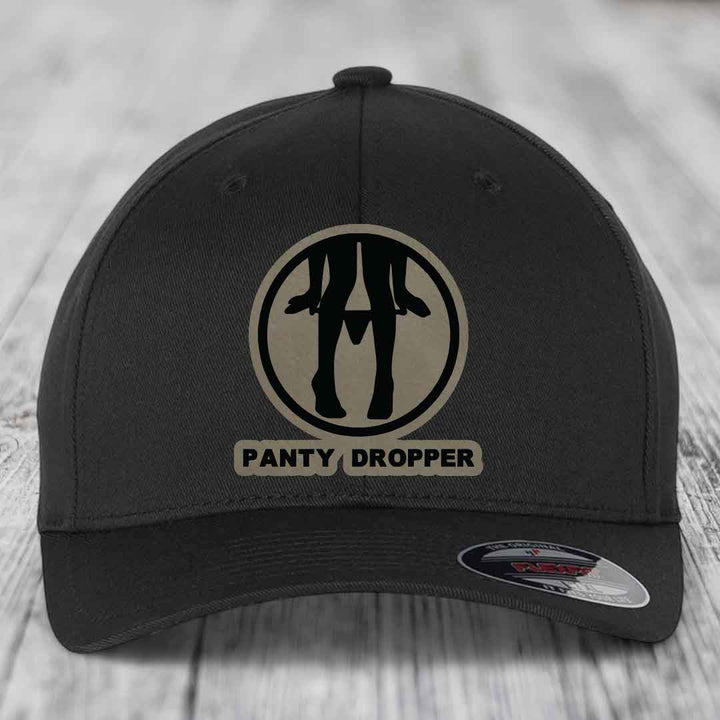 Panty Dropper - Leather Patch Hat - Light Brown to Black Patch - Flexfit 6277 Fitted Hat