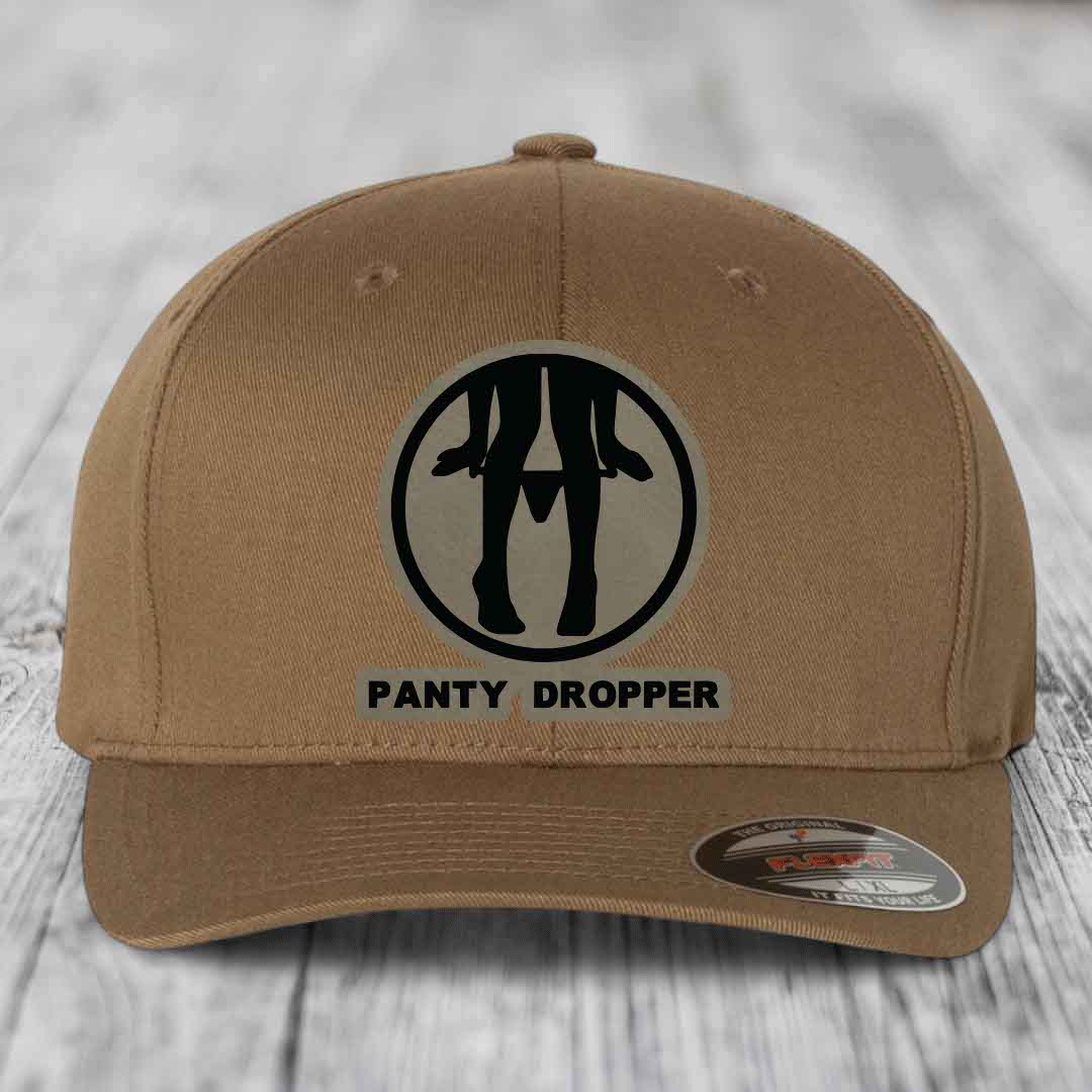 Panty Dropper - Leather Patch Hat - Light Brown to Black Patch - Flexfit 6277 Fitted Hat