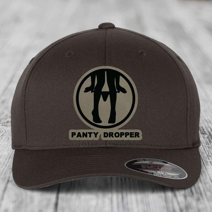 Panty Dropper - Leather Patch Hat - Light Brown to Black Patch - Flexfit 6277 Fitted Hat