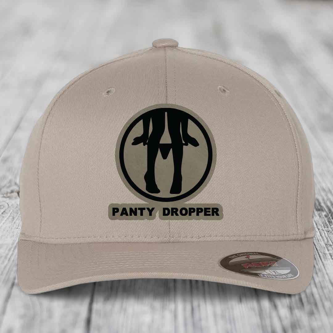 Panty Dropper - Leather Patch Hat - Light Brown to Black Patch - Flexfit 6277 Fitted Hat