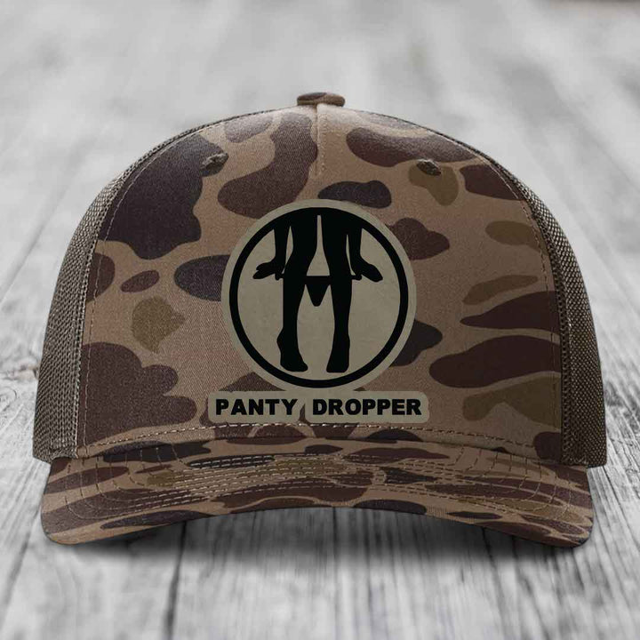 Panty Dropper - Leather Patch Hat - Light Brown to Black Patch - Richardson 112PFP Snapback Trucker Hat