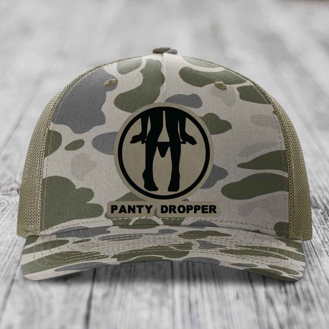 Panty Dropper - Leather Patch Hat - Light Brown to Black Patch - Richardson 112PFP Snapback Trucker Hat