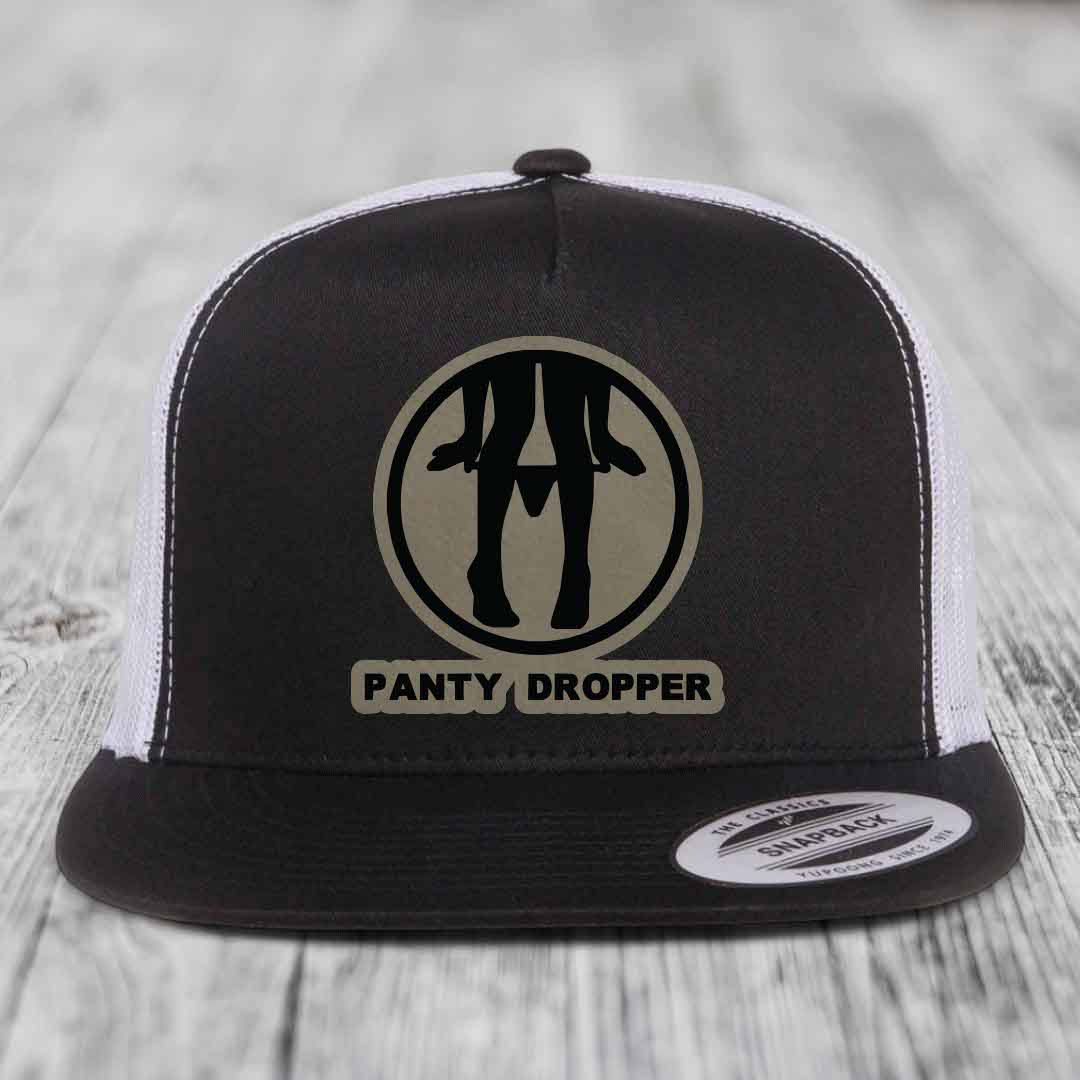 Panty Dropper - Leather Patch Hat - Light Brown to Black Patch - Yupoong 6006 Snapback Flatbill Hat