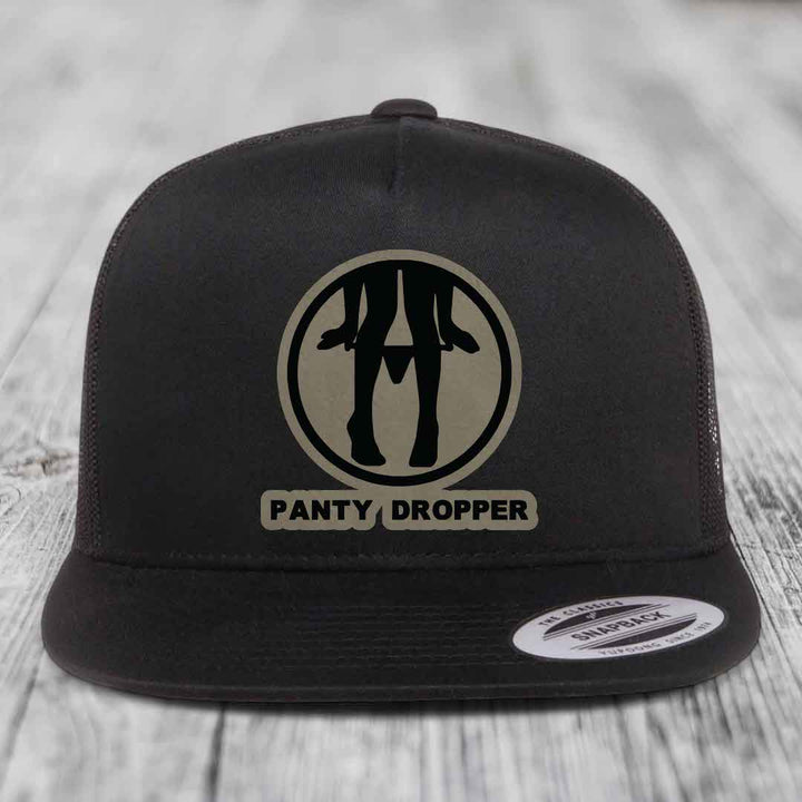 Panty Dropper - Leather Patch Hat - Light Brown to Black Patch - Yupoong 6006 Snapback Flatbill Hat
