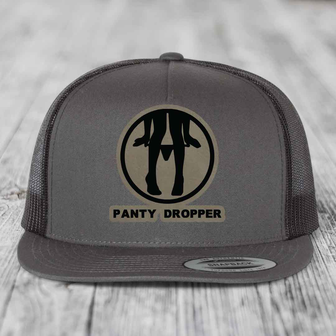 Panty Dropper - Leather Patch Hat - Light Brown to Black Patch - Yupoong 6006 Snapback Flatbill Hat