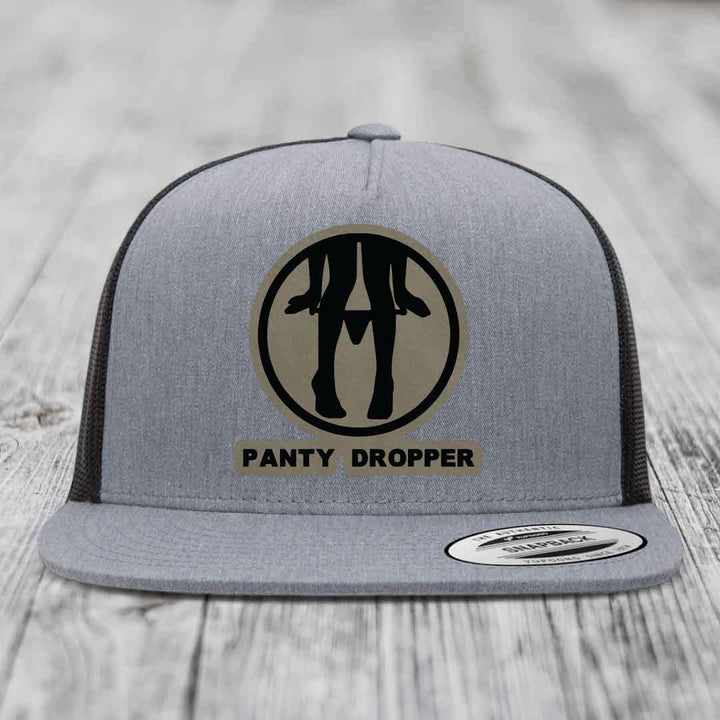 Panty Dropper - Leather Patch Hat - Light Brown to Black Patch - Yupoong 6006 Snapback Flatbill Hat