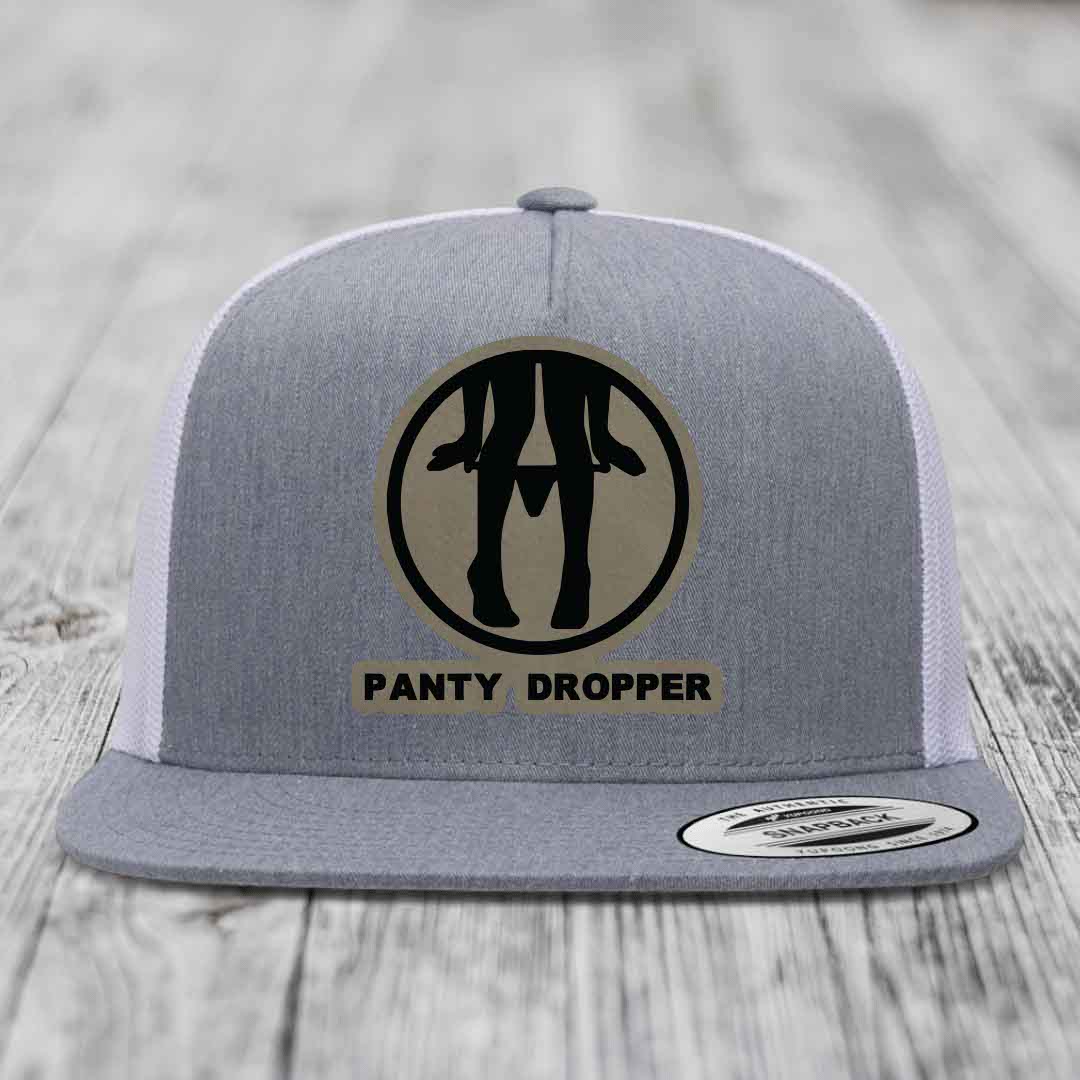 Panty Dropper - Leather Patch Hat - Light Brown to Black Patch - Yupoong 6006 Snapback Flatbill Hat