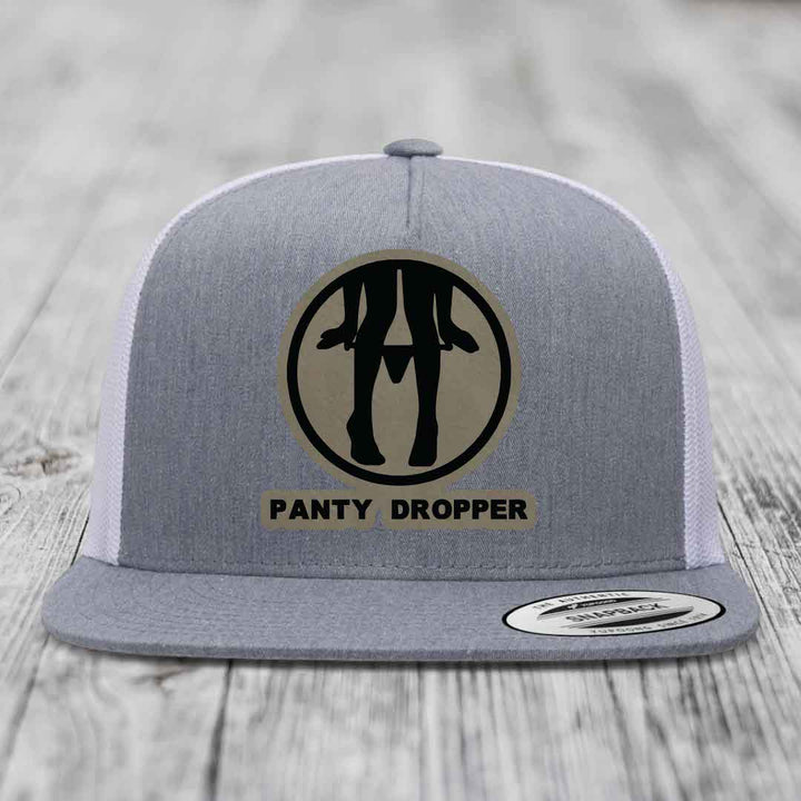Panty Dropper - Leather Patch Hat - Light Brown to Black Patch - Yupoong 6006 Snapback Flatbill Hat