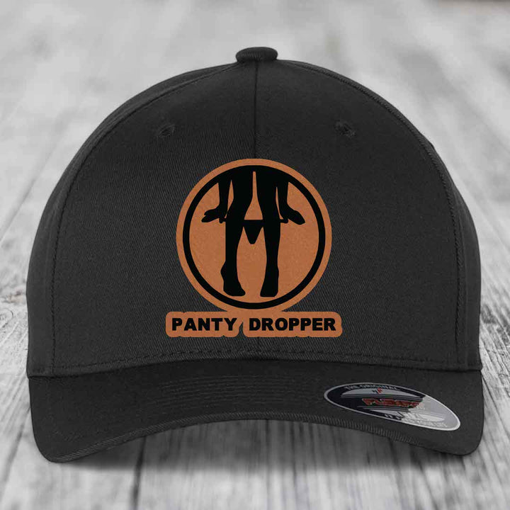 Panty Dropper - Leather Patch Hat - Rawhide to Black Patch - Flexfit 6277 Fitted Hat
