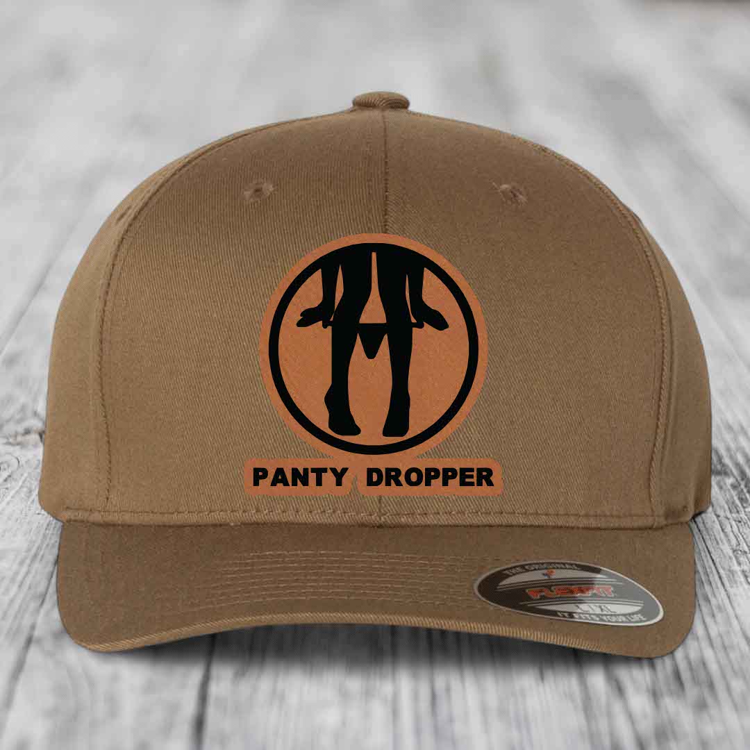 Panty Dropper - Leather Patch Hat - Rawhide to Black Patch - Flexfit 6277 Fitted Hat