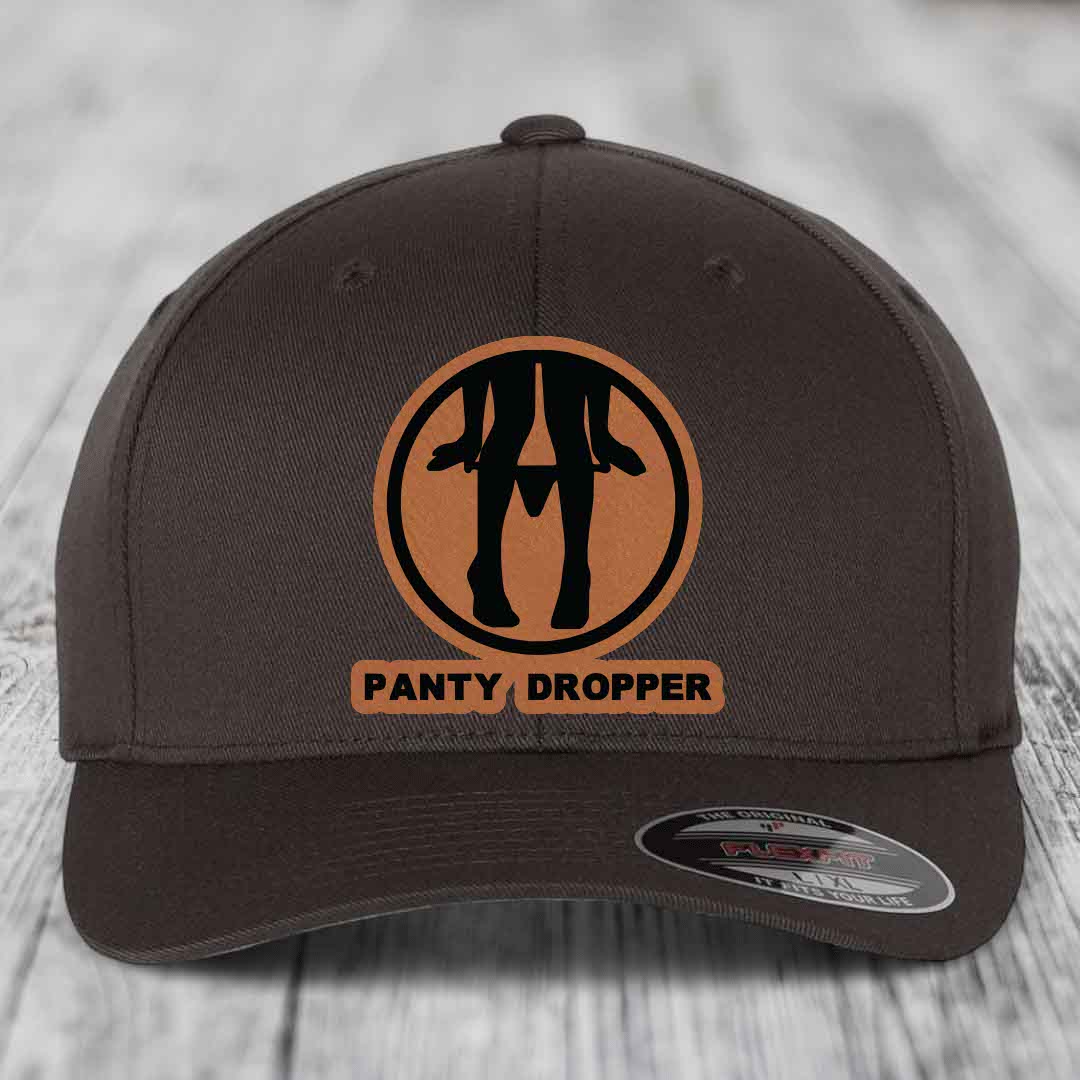 Panty Dropper - Leather Patch Hat - Rawhide to Black Patch - Flexfit 6277 Fitted Hat