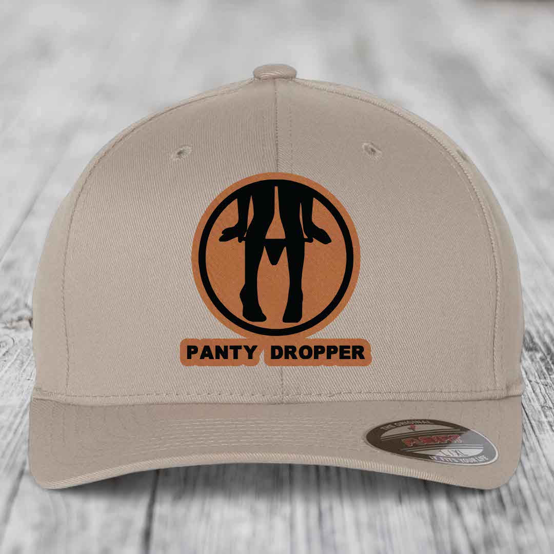 Panty Dropper - Leather Patch Hat - Rawhide to Black Patch - Flexfit 6277 Fitted Hat