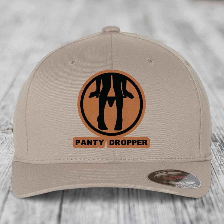 Panty Dropper - Leather Patch Hat - Rawhide to Black Patch - Flexfit 6277 Fitted Hat