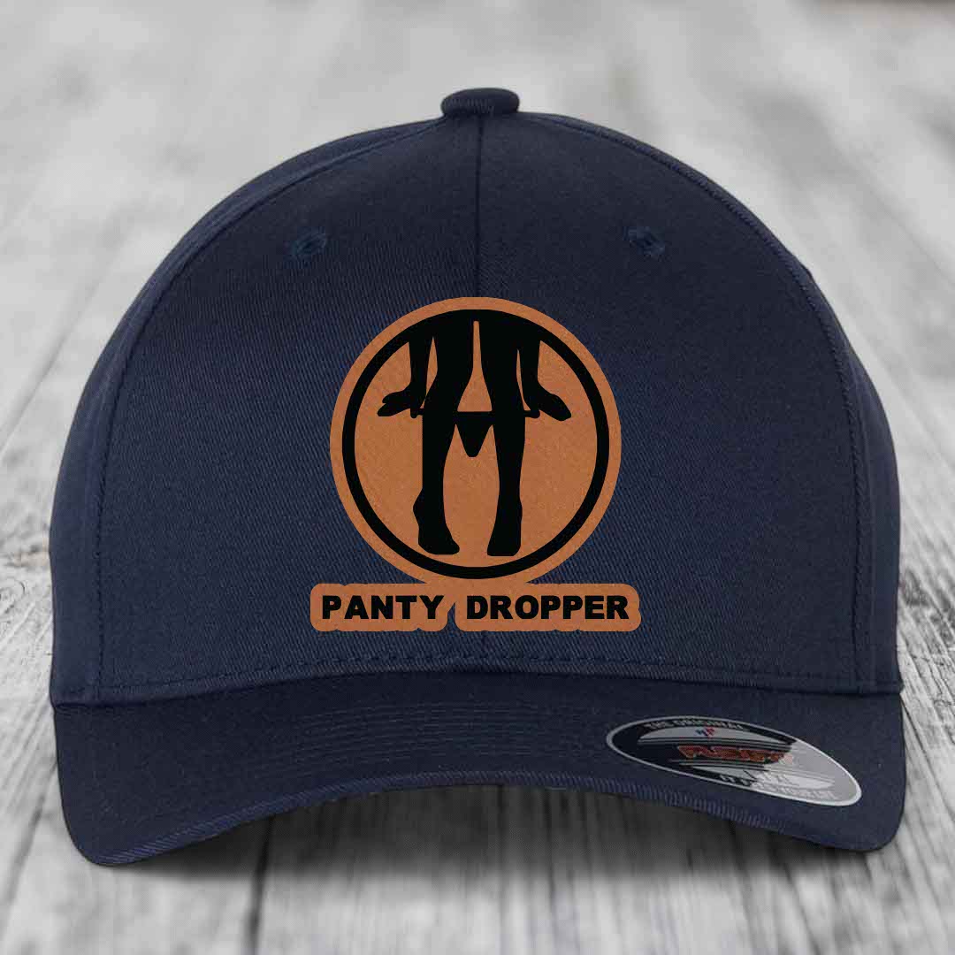 Panty Dropper - Leather Patch Hat - Rawhide to Black Patch - Flexfit 6277 Fitted Hat