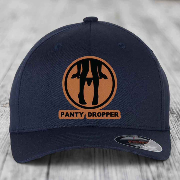 Panty Dropper - Leather Patch Hat - Rawhide to Black Patch - Flexfit 6277 Fitted Hat