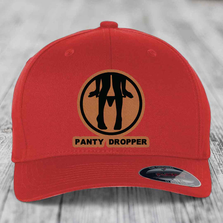 Panty Dropper - Leather Patch Hat - Rawhide to Black Patch - Flexfit 6277 Fitted Hat