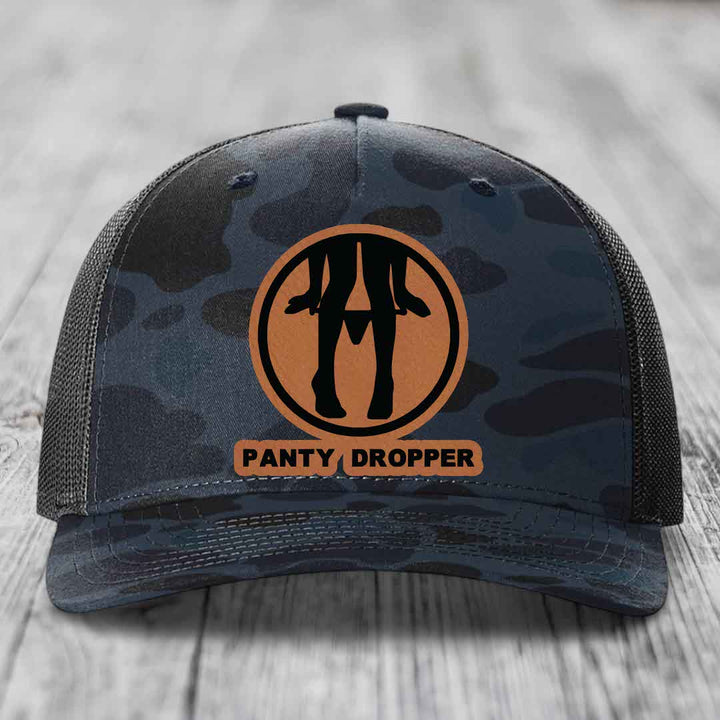 Panty Dropper - Leather Patch Hat - Rawhide to Black Patch - Richardson 112PFP Snapback Trucker Hat
