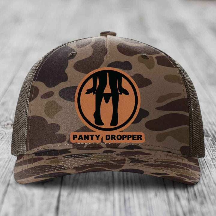 Panty Dropper - Leather Patch Hat - Rawhide to Black Patch - Richardson 112PFP Snapback Trucker Hat