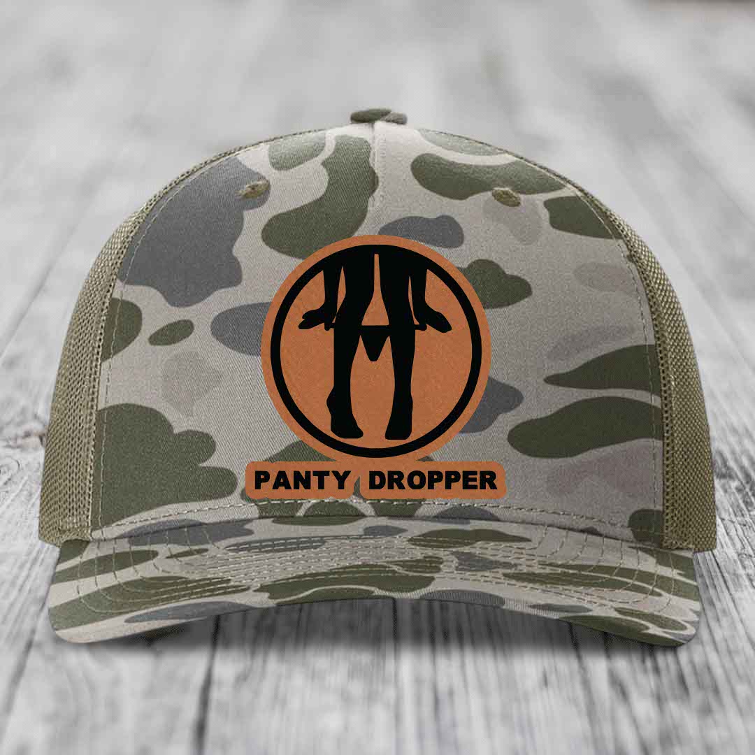 Panty Dropper - Leather Patch Hat - Rawhide to Black Patch - Richardson 112PFP Snapback Trucker Hat