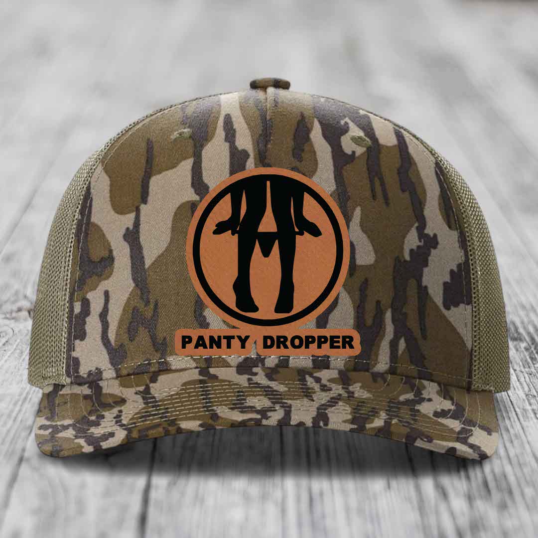 Panty Dropper - Leather Patch Hat - Rawhide to Black Patch - Richardson 112PFP Snapback Trucker Hat