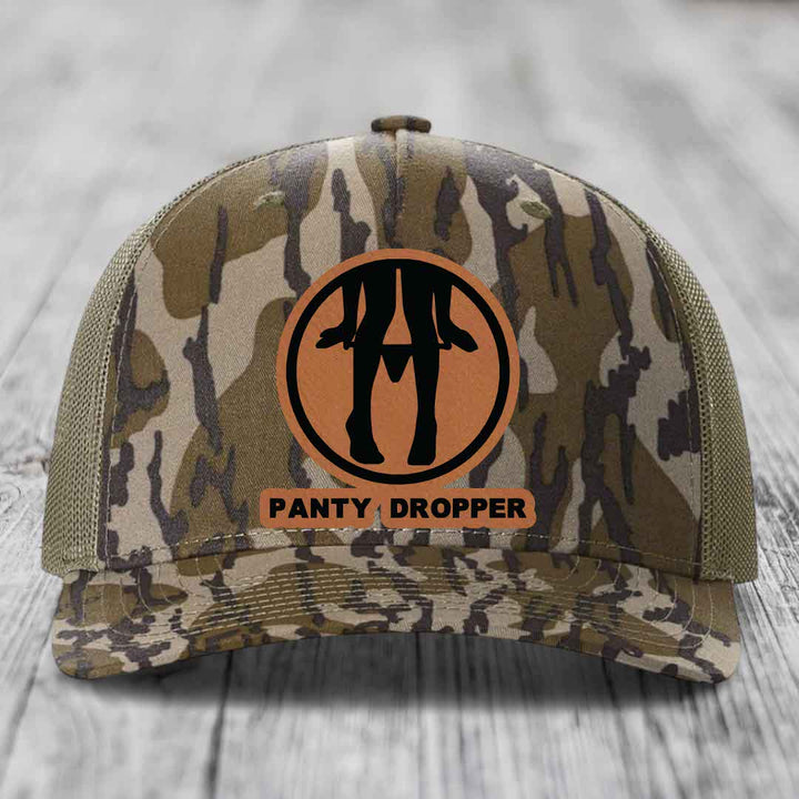 Panty Dropper - Leather Patch Hat - Rawhide to Black Patch - Richardson 112PFP Snapback Trucker Hat