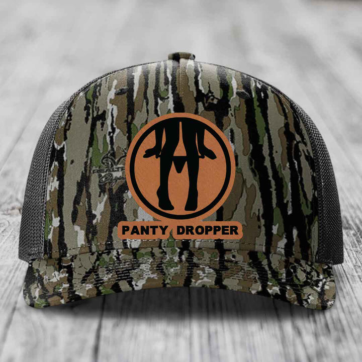 Panty Dropper - Leather Patch Hat - Rawhide to Black Patch - Richardson 112PFP Snapback Trucker Hat