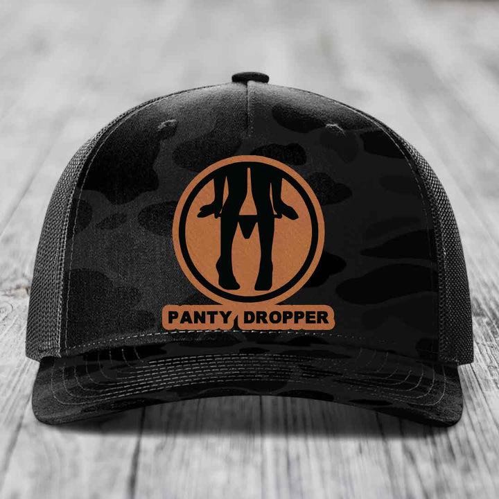 Panty Dropper - Leather Patch Hat - Rawhide to Black Patch - Richardson 112PFP Snapback Trucker Hat