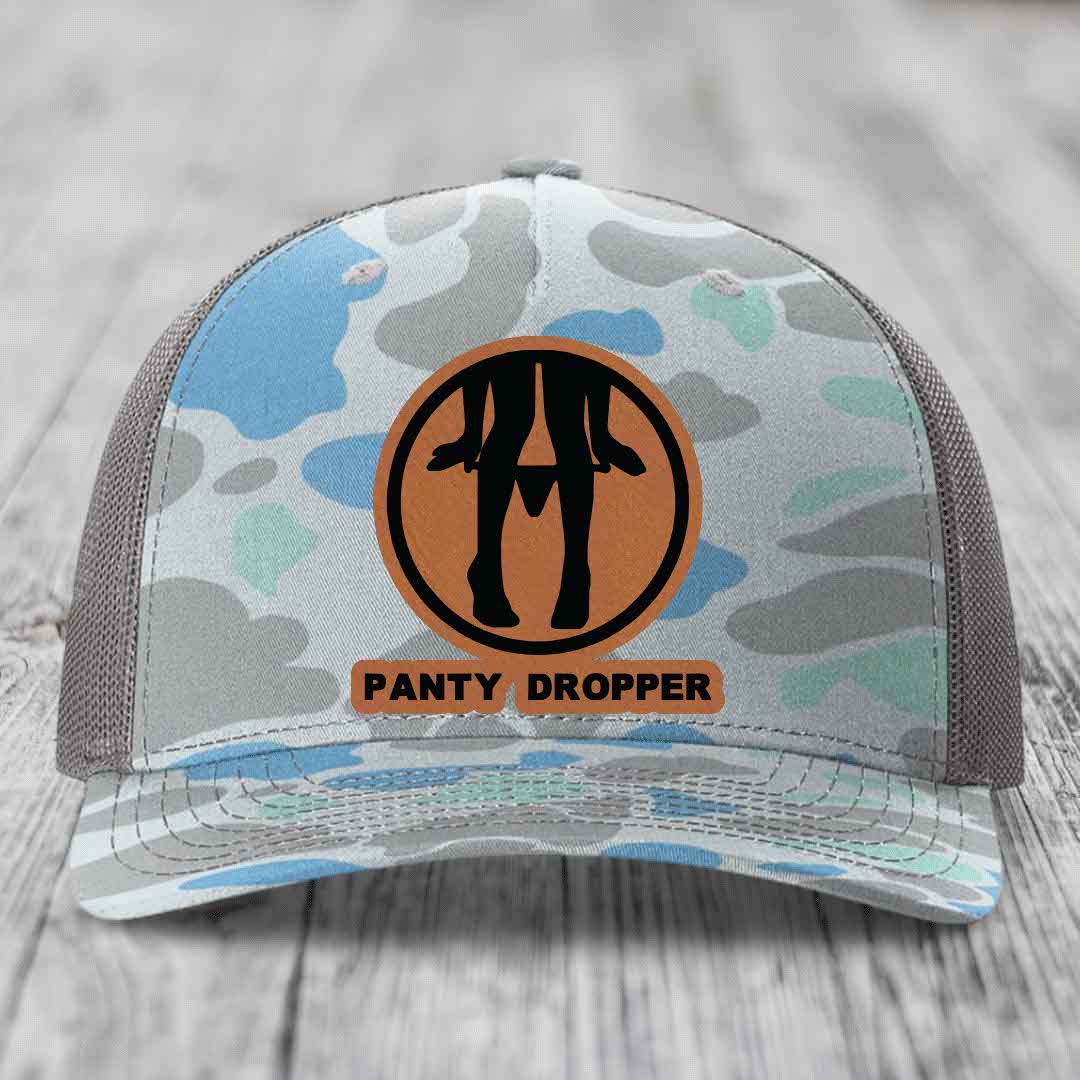 Panty Dropper - Leather Patch Hat - Rawhide to Black Patch - Richardson 112PFP Snapback Trucker Hat