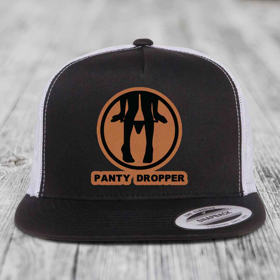 Panty Dropper - Leather Patch Hat - Rawhide to Black Patch - Yupoong 6006 Snapback Flatbill Hat