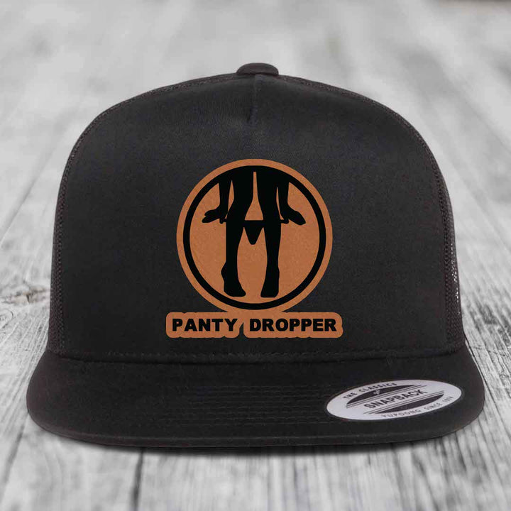 Panty Dropper - Leather Patch Hat - Rawhide to Black Patch - Yupoong 6006 Snapback Flatbill Hat