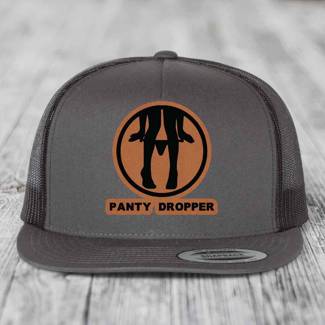 Panty Dropper - Leather Patch Hat - Rawhide to Black Patch - Yupoong 6006 Snapback Flatbill Hat
