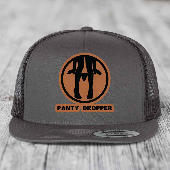 Panty Dropper - Leather Patch Hat - Rawhide to Black Patch - Yupoong 6006 Snapback Flatbill Hat