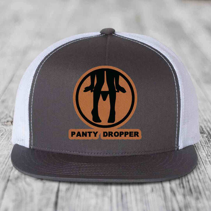 Panty Dropper - Leather Patch Hat - Rawhide to Black Patch - Yupoong 6006 Snapback Flatbill Hat