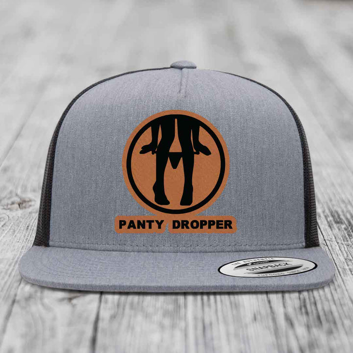 Panty Dropper - Leather Patch Hat - Rawhide to Black Patch - Yupoong 6006 Snapback Flatbill Hat