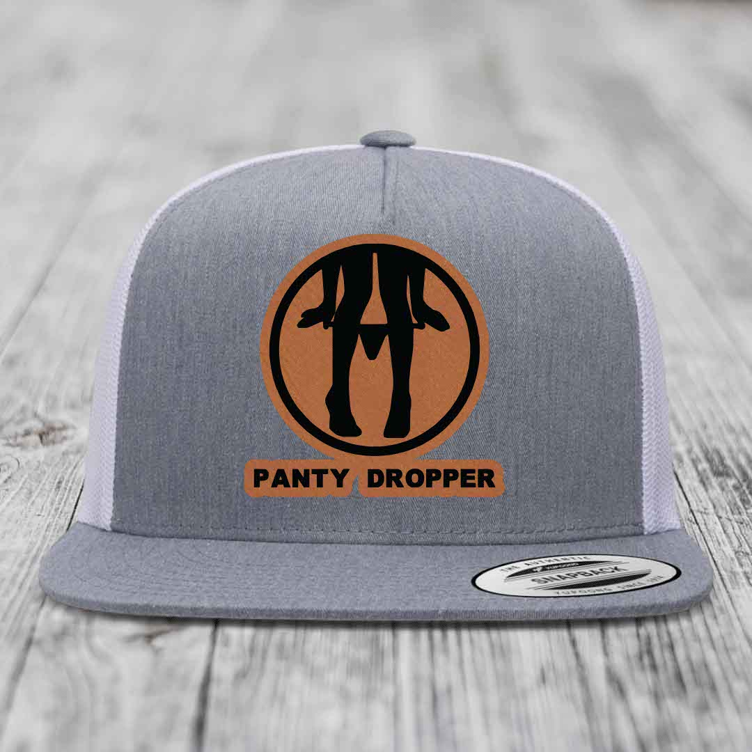 Panty Dropper - Leather Patch Hat - Rawhide to Black Patch - Yupoong 6006 Snapback Flatbill Hat