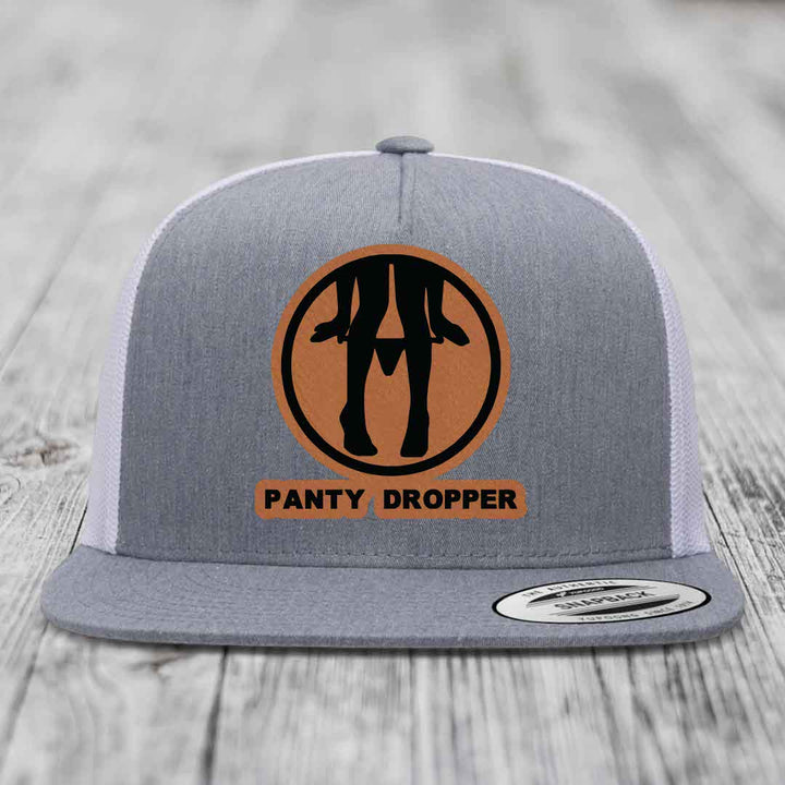Panty Dropper - Leather Patch Hat - Rawhide to Black Patch - Yupoong 6006 Snapback Flatbill Hat