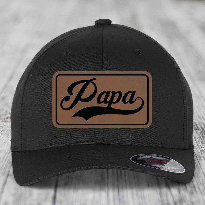 Papa - Leather Patch Hat - Dark Brown to Black Patch - Flexfit 6277 Fitted Hat