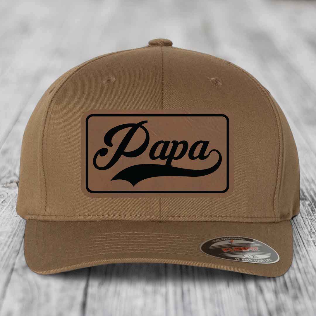 Papa - Leather Patch Hat - Dark Brown to Black Patch - Flexfit 6277 Fitted Hat
