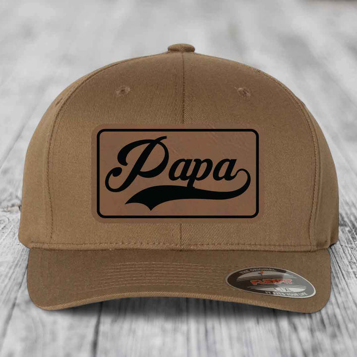 Papa - Leather Patch Hat - Dark Brown to Black Patch - Flexfit 6277 Fitted Hat