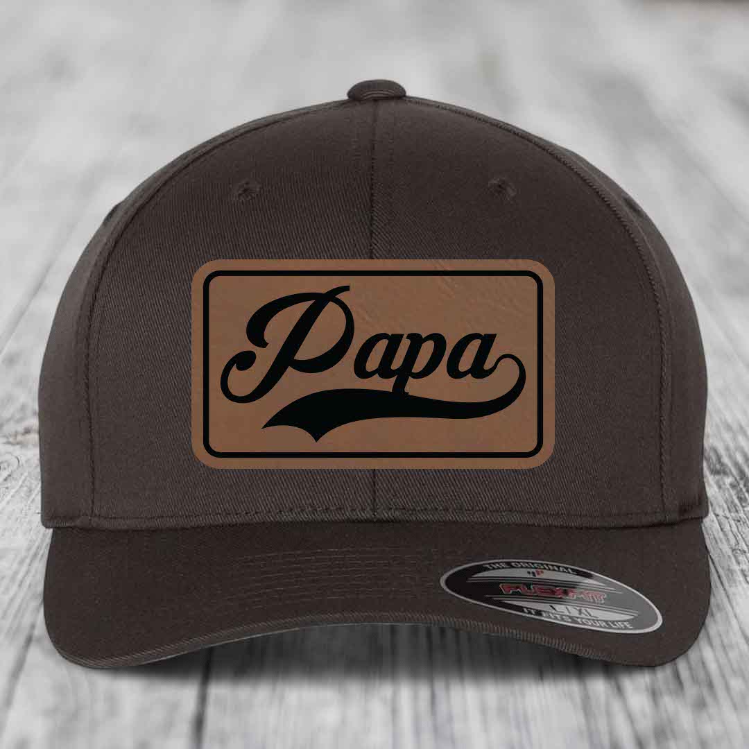 Papa - Leather Patch Hat - Dark Brown to Black Patch - Flexfit 6277 Fitted Hat