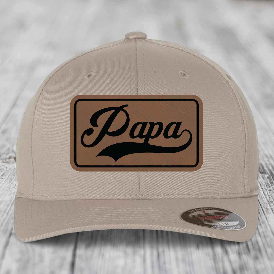 Papa - Leather Patch Hat - Dark Brown to Black Patch - Flexfit 6277 Fitted Hat
