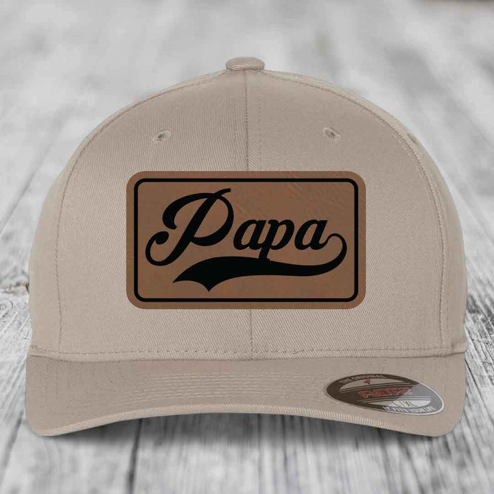 Papa - Leather Patch Hat - Dark Brown to Black Patch - Flexfit 6277 Fitted Hat