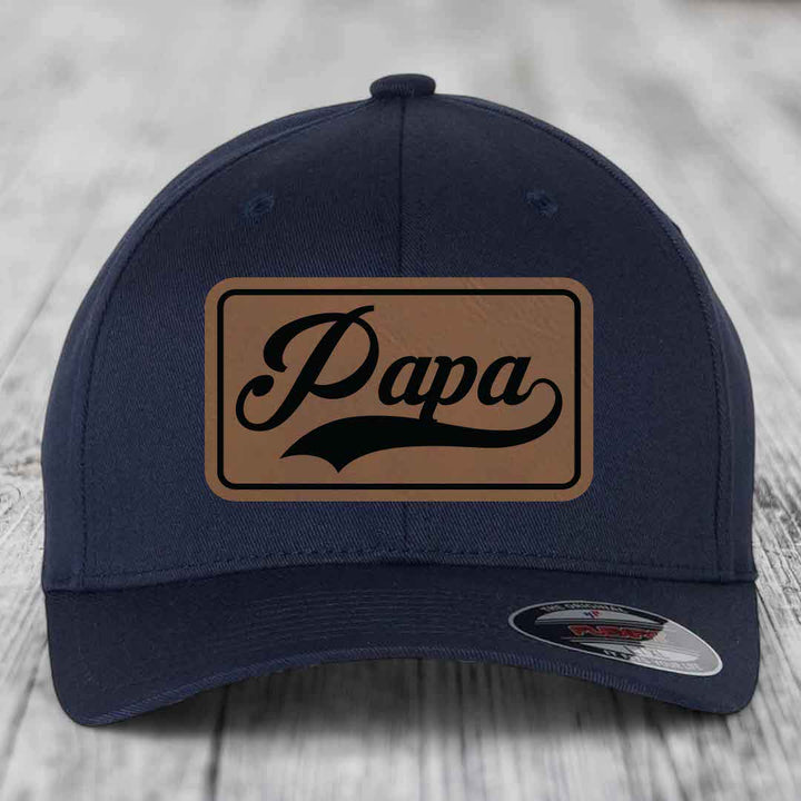Papa - Leather Patch Hat - Dark Brown to Black Patch - Flexfit 6277 Fitted Hat