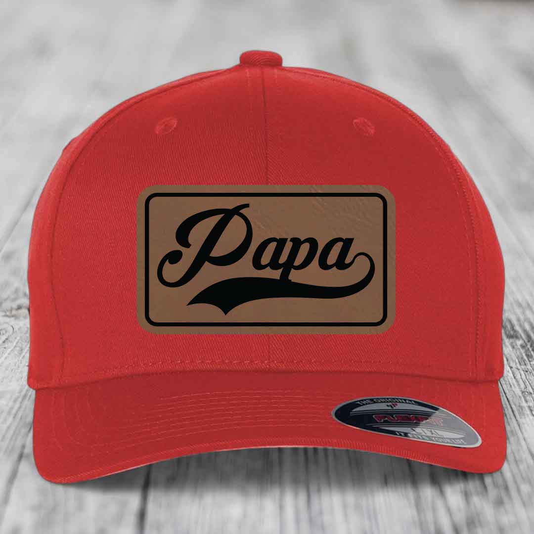 Papa - Leather Patch Hat - Dark Brown to Black Patch - Flexfit 6277 Fitted Hat