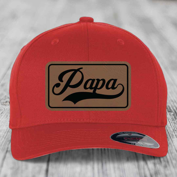Papa - Leather Patch Hat - Dark Brown to Black Patch - Flexfit 6277 Fitted Hat