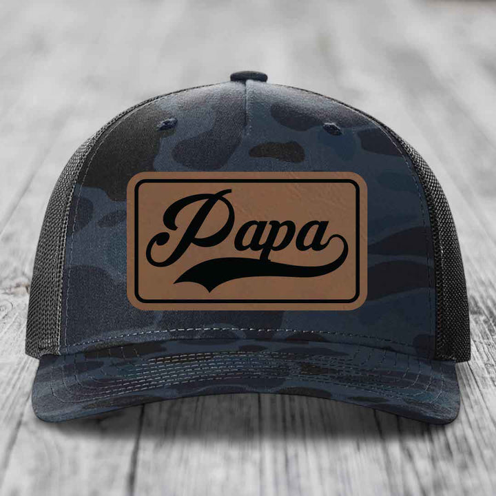 Papa - Leather Patch Hat - Dark Brown to Black Patch - Richardson 112PFP Snapback Trucker Hat