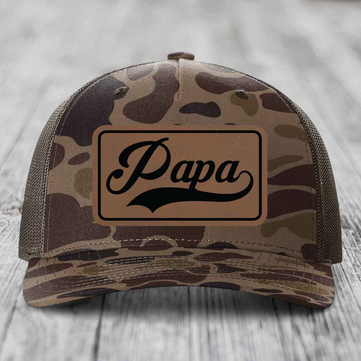 Papa - Leather Patch Hat - Dark Brown to Black Patch - Richardson 112PFP Snapback Trucker Hat
