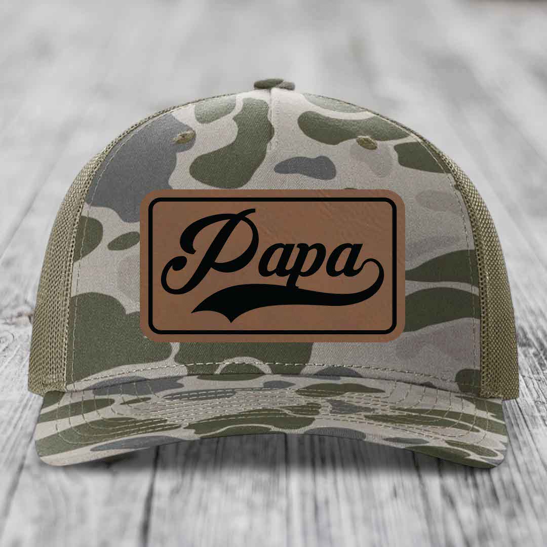 Papa - Leather Patch Hat - Dark Brown to Black Patch - Richardson 112PFP Snapback Trucker Hat