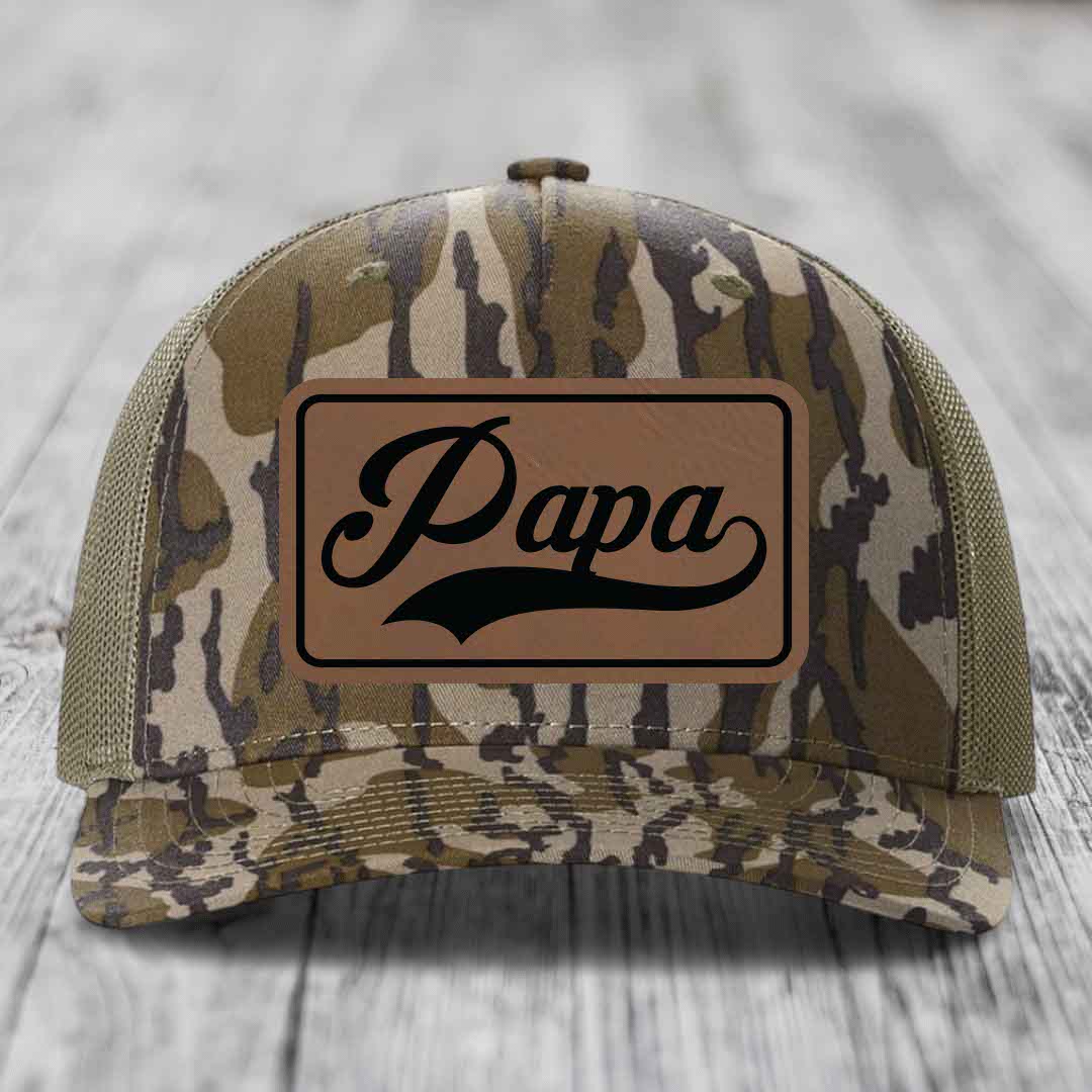 Papa - Leather Patch Hat - Dark Brown to Black Patch - Richardson 112PFP Snapback Trucker Hat